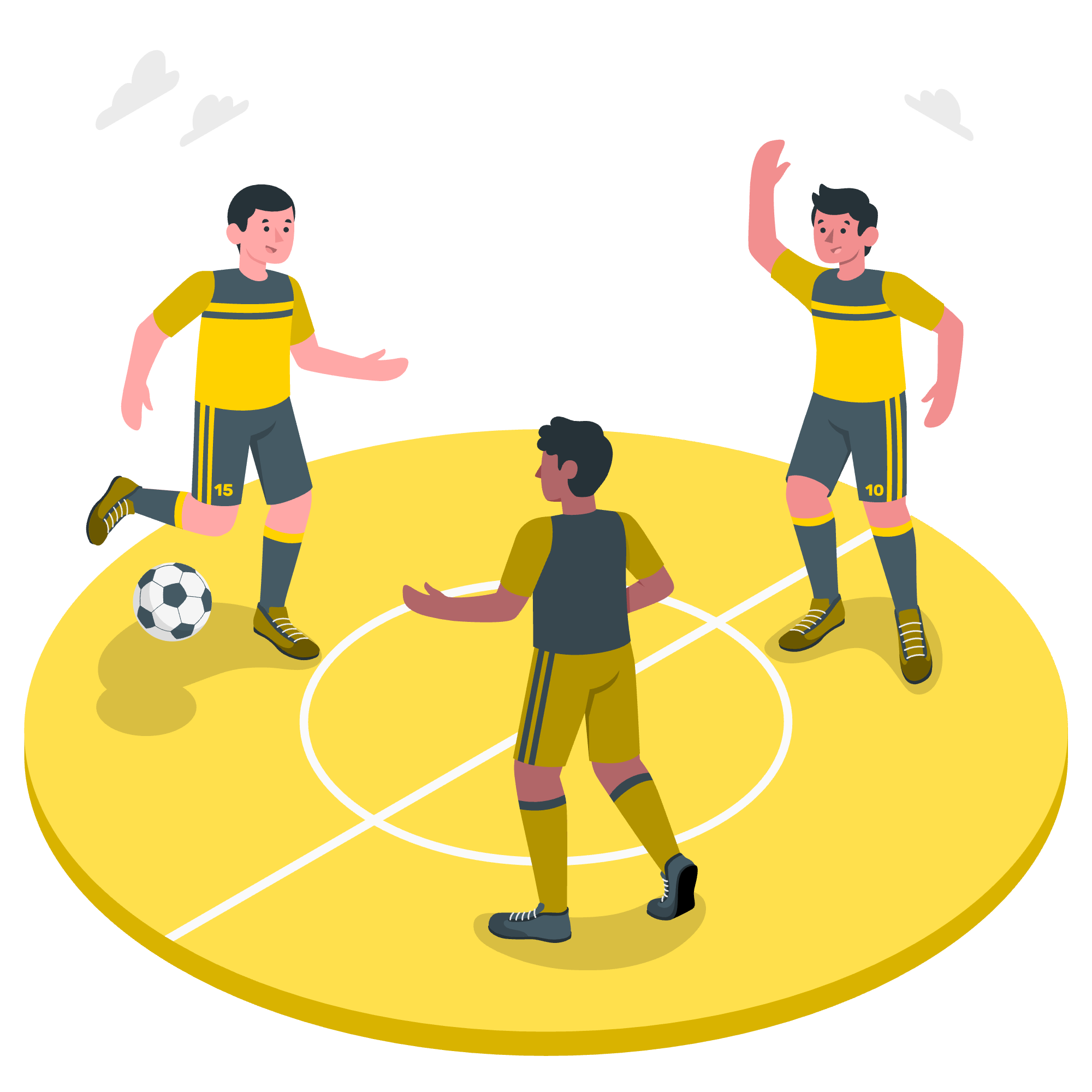 Joueurs de football sur un terrain, illustration plate aux accents jaunes